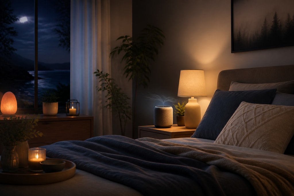 Cozy bedroom with sleep sounds setup