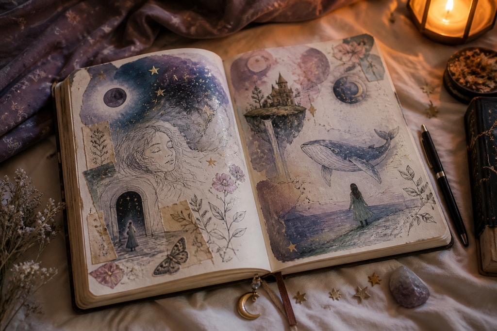 Artistic dream journal on a bed with sketches and notes