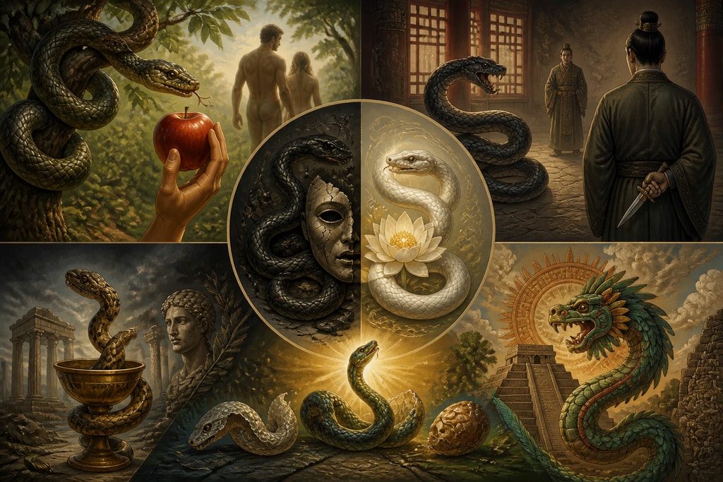 Illustrative depiction of a snake in various cultural settings