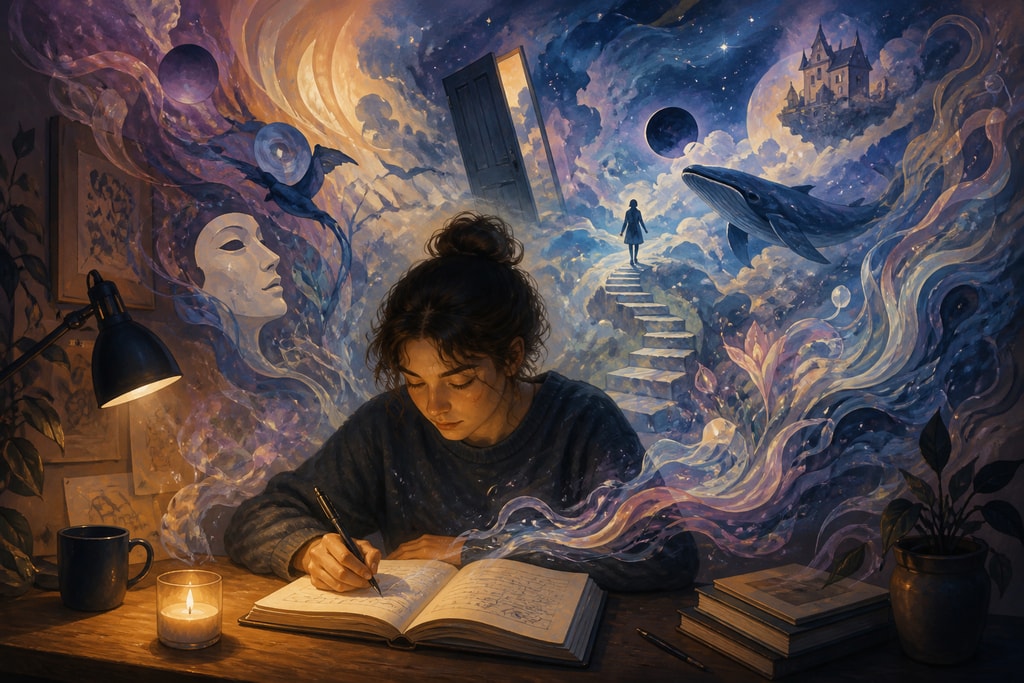 Illustration of a person journaling their dreams in a notebook
