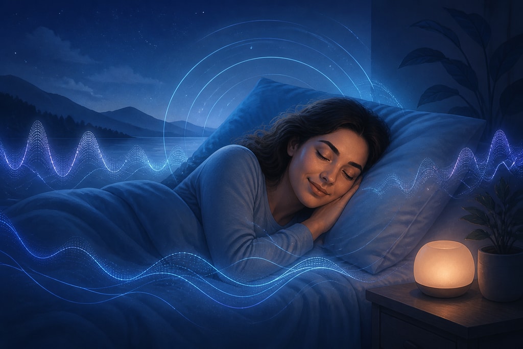 Illustration of a person sleeping peacefully with sound waves surrounding them