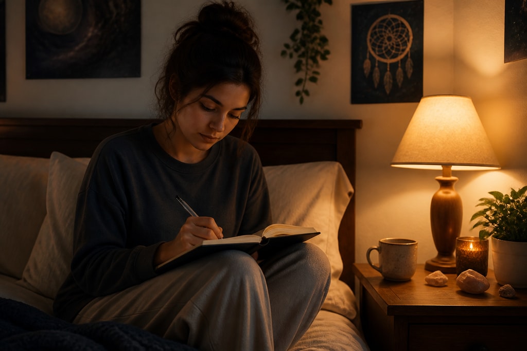 Person writing in a dream journal by bedside