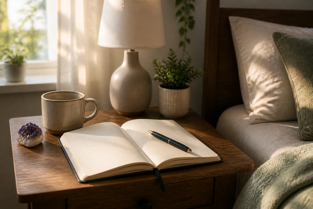 A bedside table with a notebook and pen ready for dream journaling