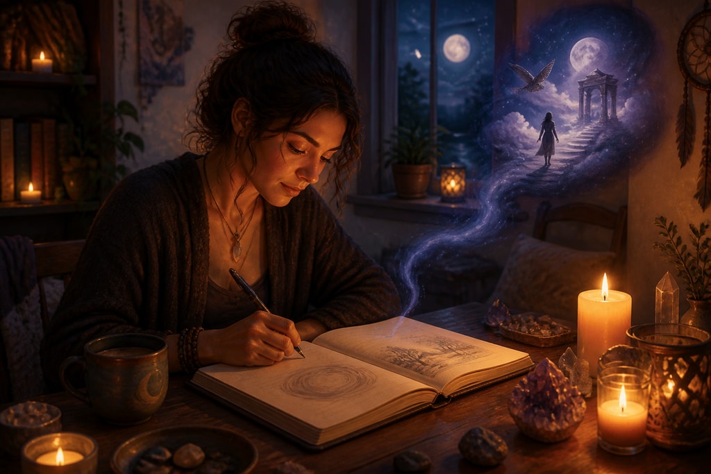 Illustration of a person recording a dream in a journal