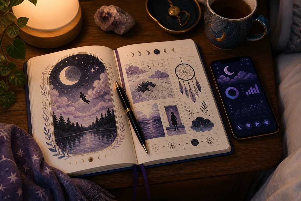 Illustrated dream pattern journal on a bedside table