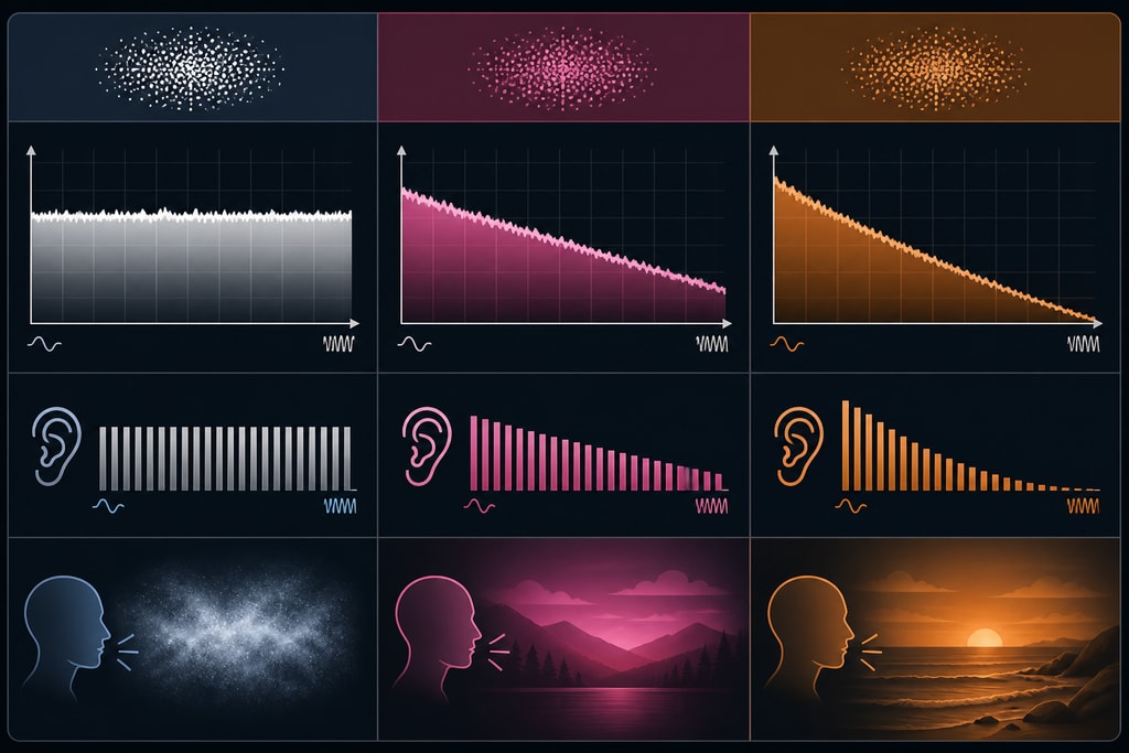 Comparison chart of white, pink, and brown noise characteristics
