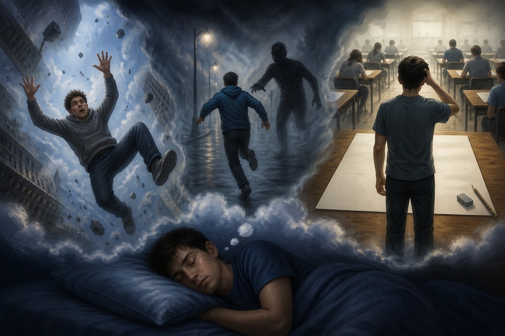 Illustration depicting common themes in recurring dreams such as falling, being chased, and being unprepared for an exam.