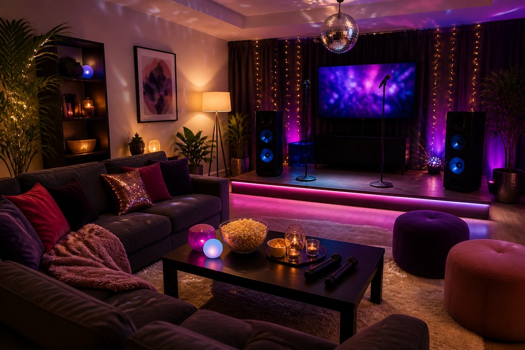 Cozy living room setup for a karaoke party with a designated stage area and ambient lighting
