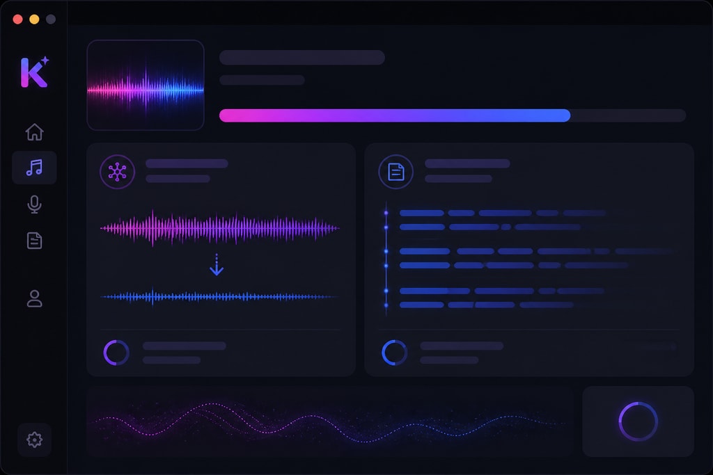 KaraMagic processing screen with AI vocal removal and lyric transcription in progress