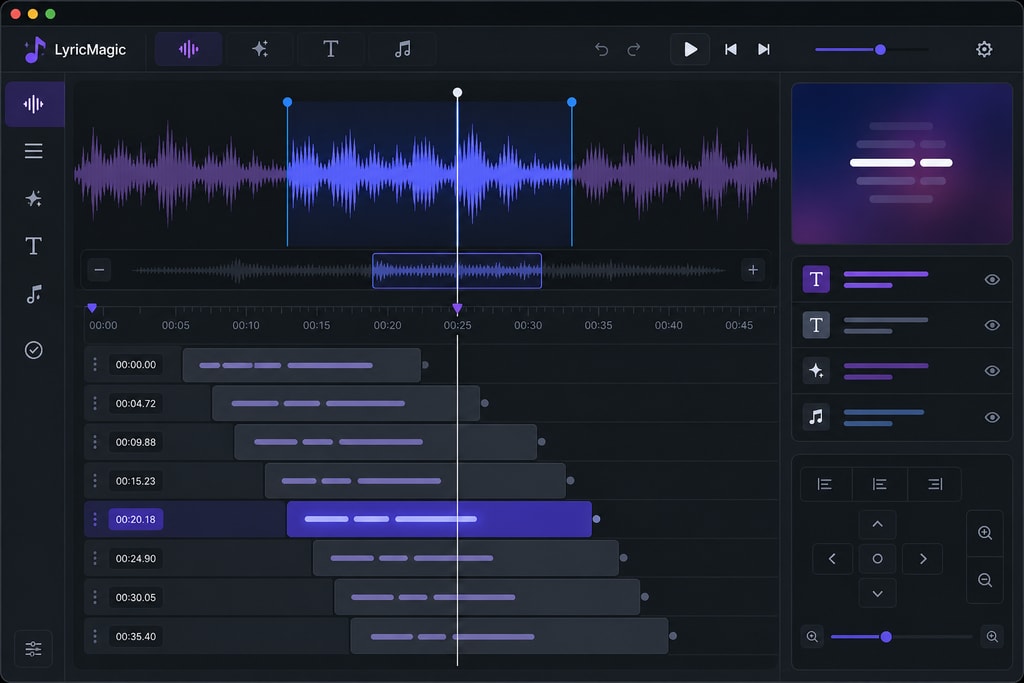 LyricMagic interface displaying waveform and synchronized lyrics
