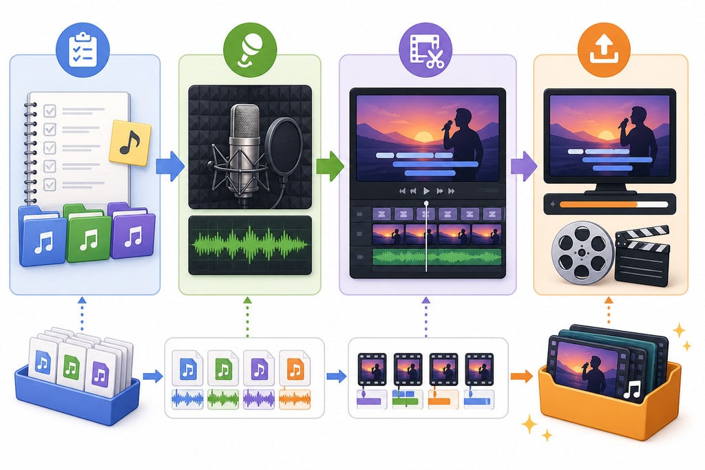 Illustration of batch production workflow in karaoke video creation