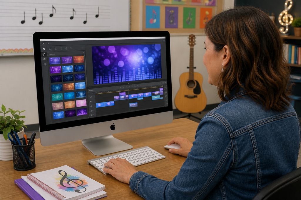 Music educator using KaraMagic software on a Mac