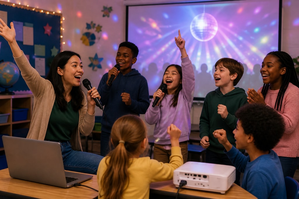 Teacher and students engaging in a classroom karaoke session