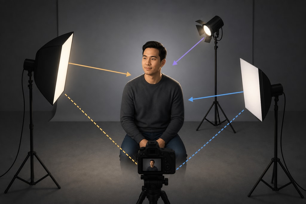 Illustration of a three-point lighting setup for video production