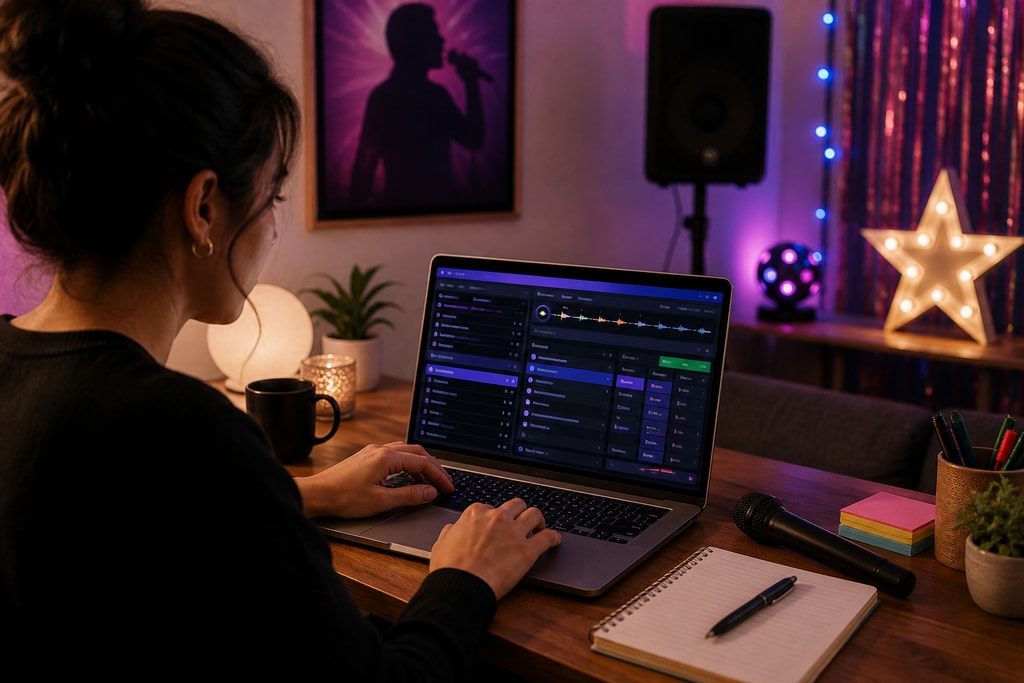 Event organizer using KaraMagic on a MacBook to prepare for a karaoke night