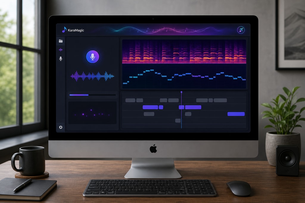 Illustration of a Mac desktop running KaraMagic software with a lyric transcription interface