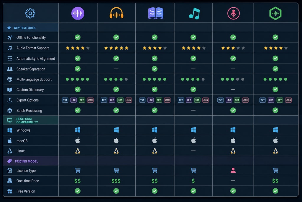 Comparison table of offline lyric transcription tools highlighting features and pricing