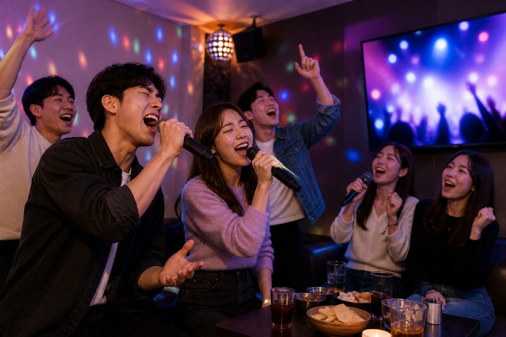 People singing at a karaoke party