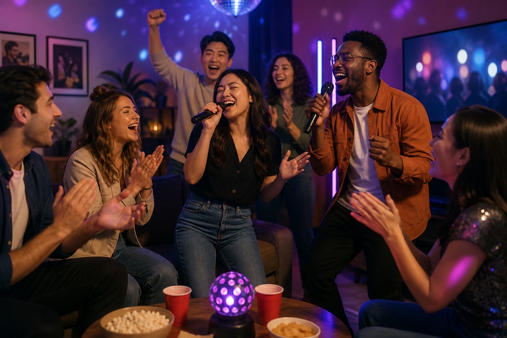 Party guests enjoying karaoke