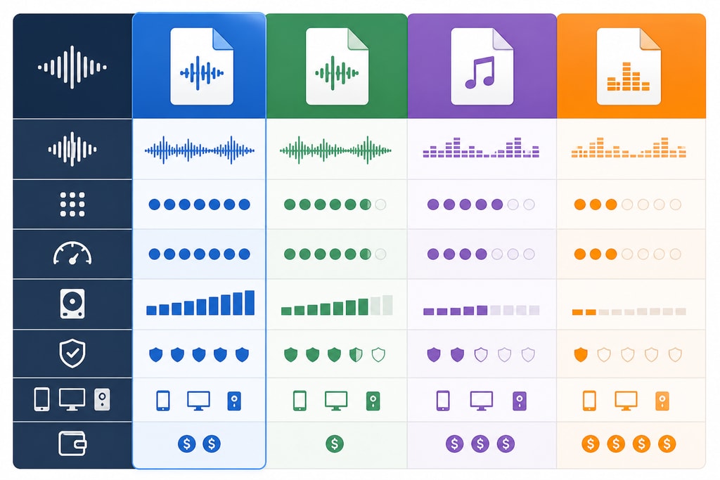 Comparison of audio file formats highlighting WAV and FLAC