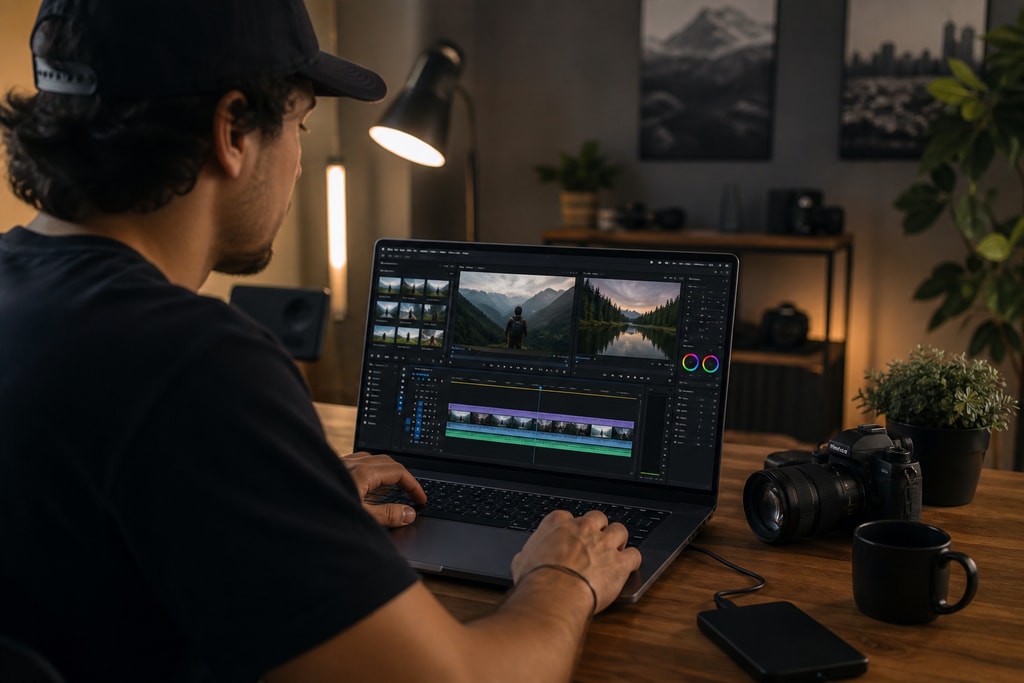 Video editor at work using offline tools