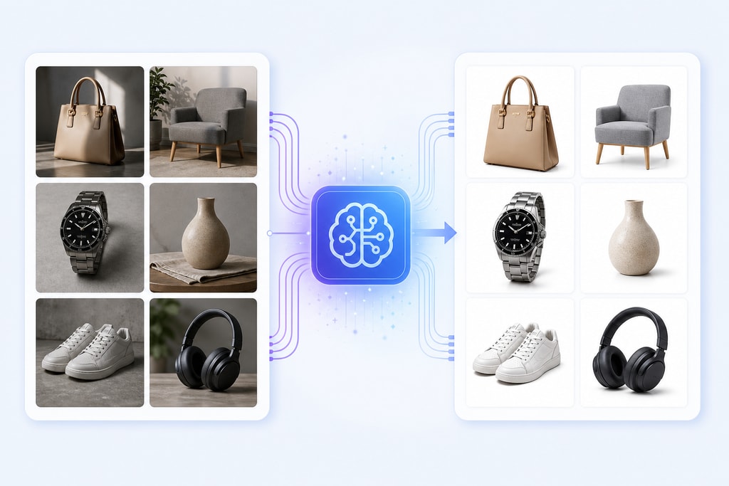 Illustration of AI enhancing product images in bulk