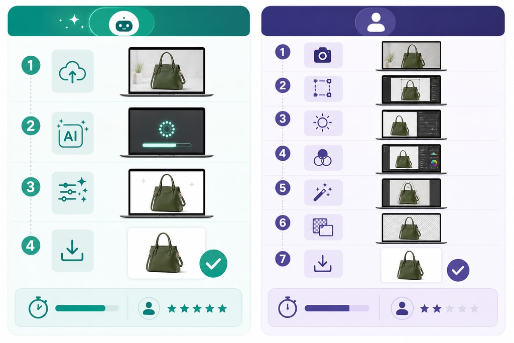 Comparison of AI and DIY product photo editing processes