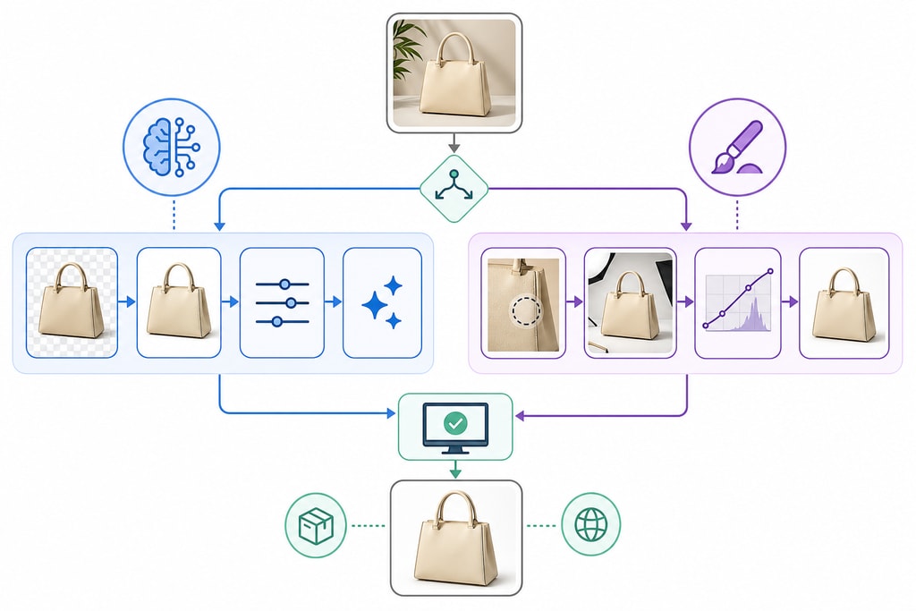 Flowchart depicting a hybrid approach to product photo editing