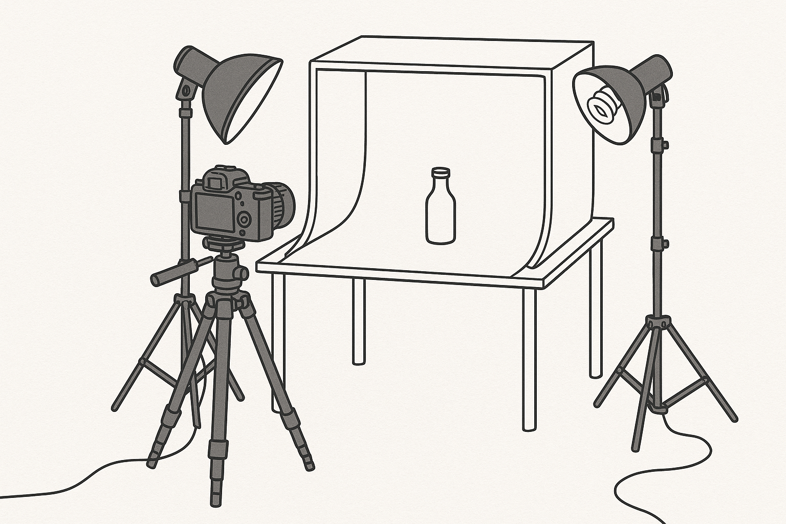 Diagram illustrating a DIY product photography setup with camera, tripod, lighting, and backdrop.