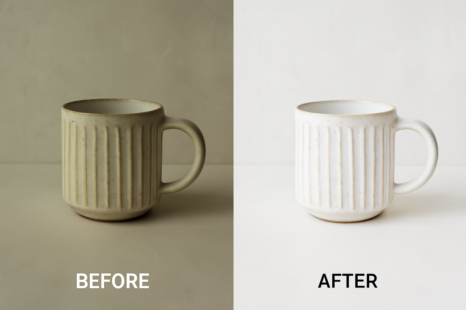Before and after comparison of a product photo showing the effects of white balance and exposure adjustments.