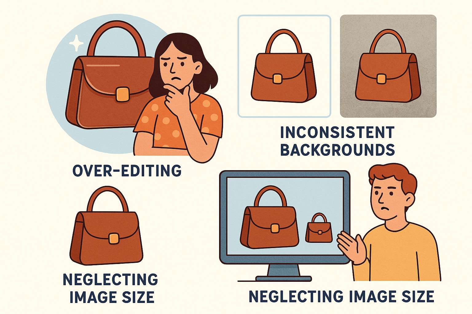 Illustration of common product photo editing mistakes such as over-editing and inconsistent backgrounds.