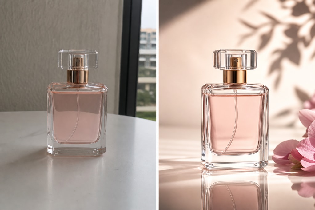 Before and after comparison of a phone photo transformed into a professional product image using AI