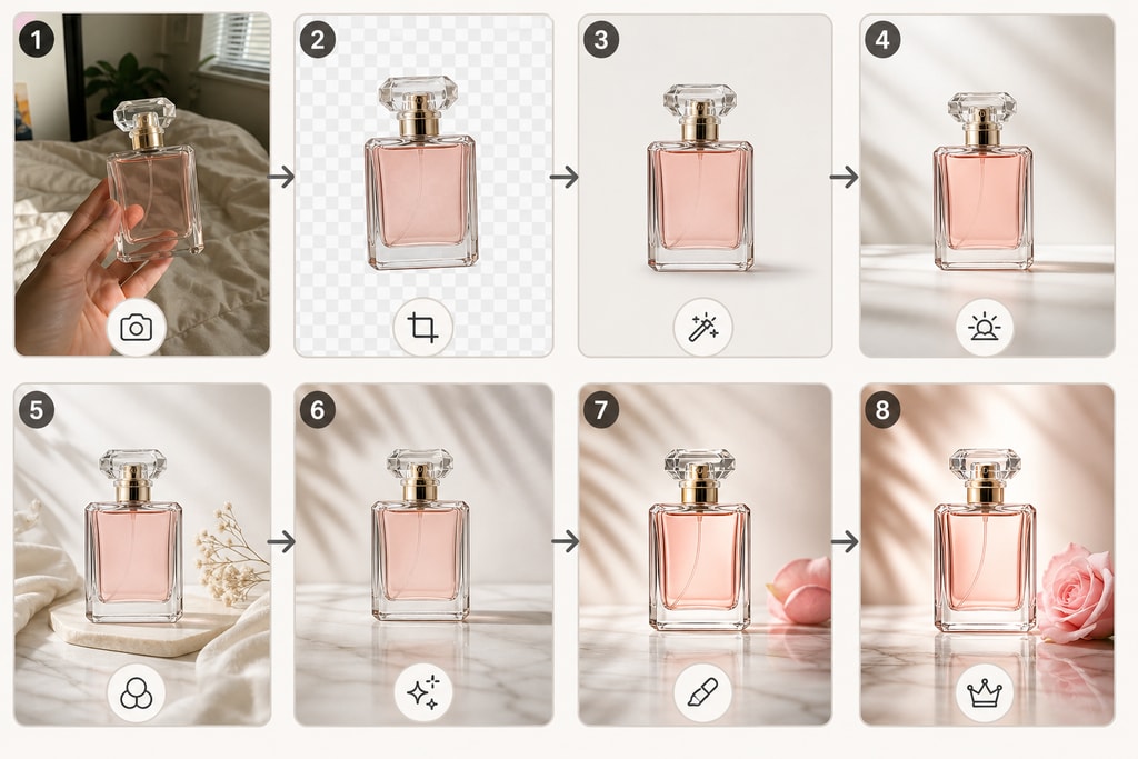 Step-by-step process of transforming a phone photo into a professional product image using AI
