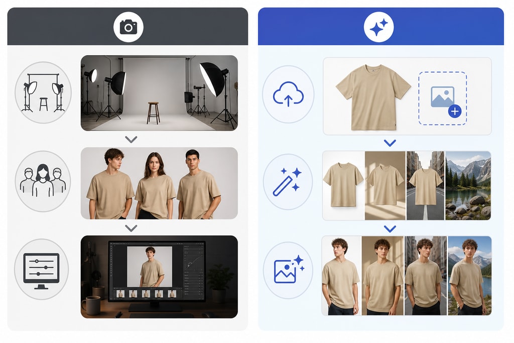 Comparison of traditional and AI-powered apparel photography processes