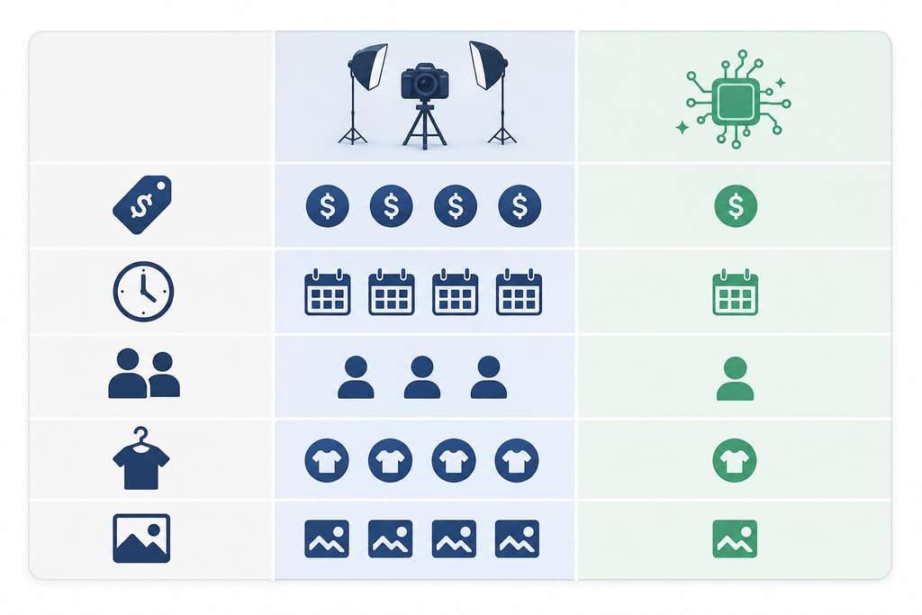 Table comparing costs and time between traditional and AI photography methods