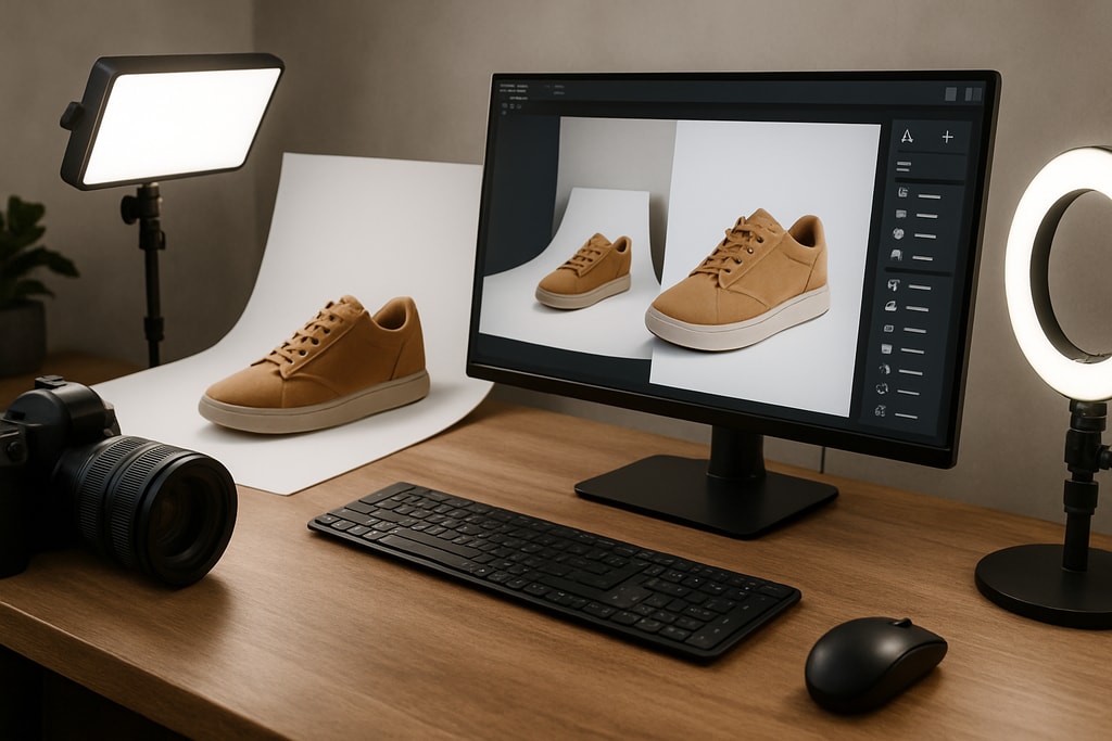 Realistic setup of a seller's desk with product photography equipment