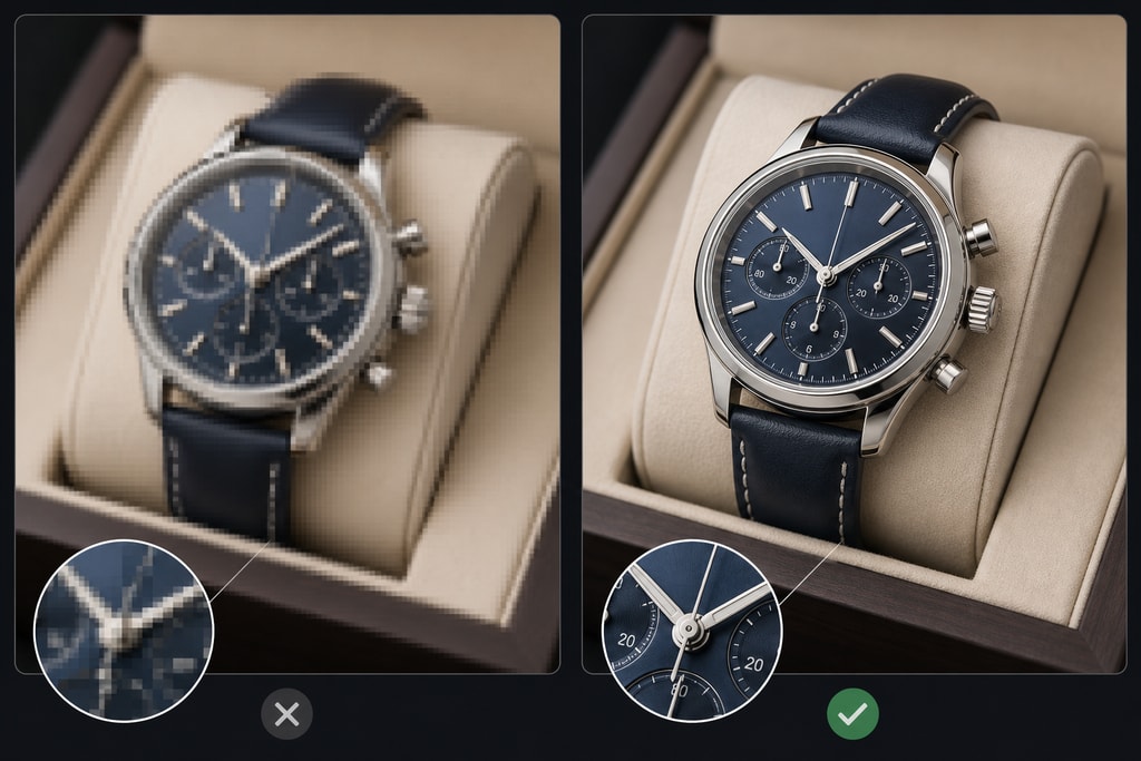 Comparison of low-resolution and upscaled product images