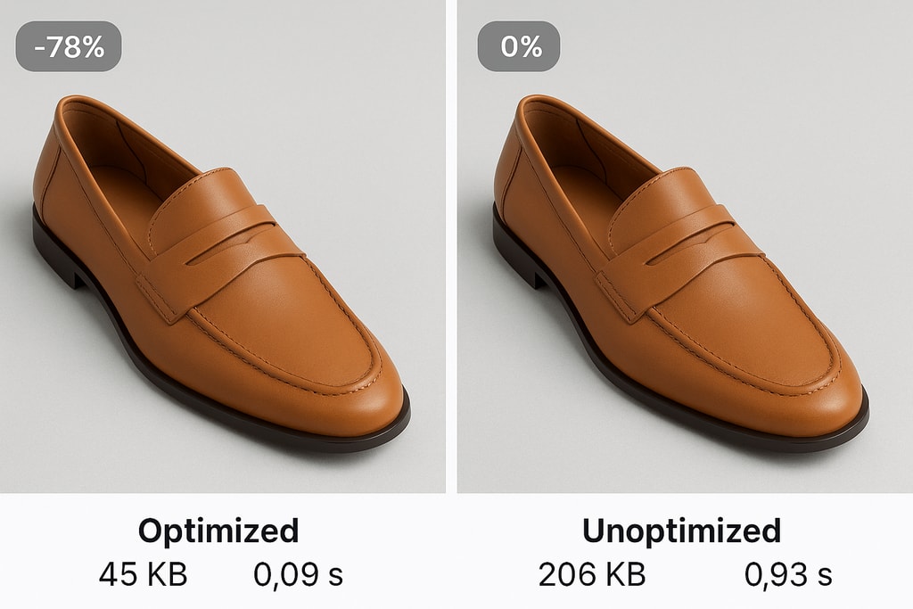 Comparison of optimized and unoptimized product images demonstrating file size reduction