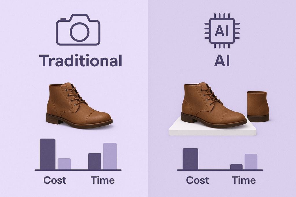 Comparison of traditional vs AI product photography costs and time