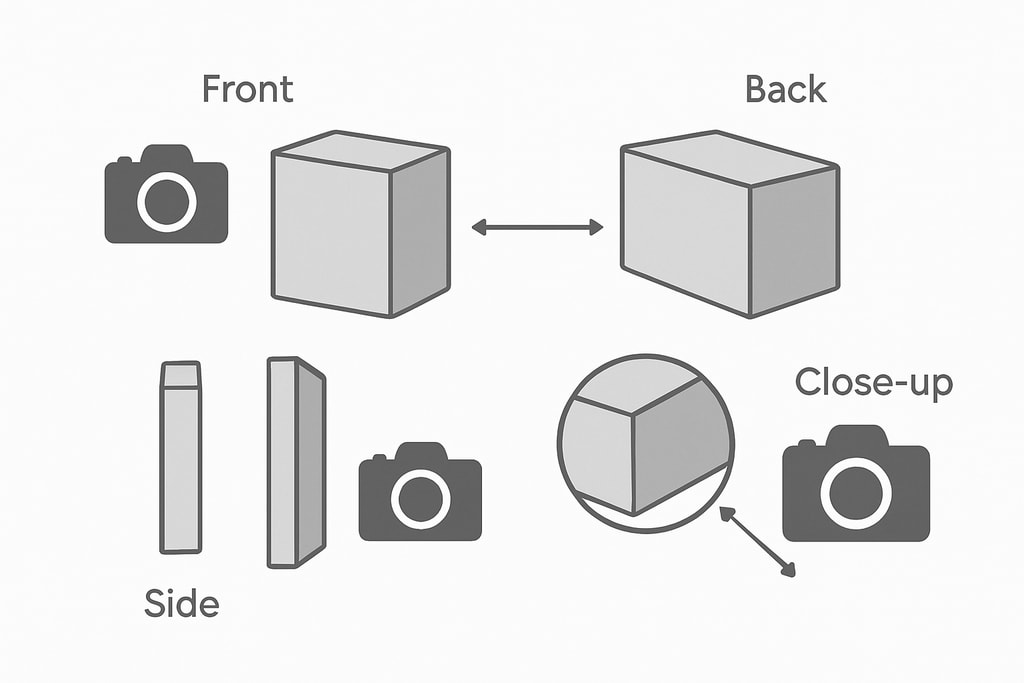 Diagram showing a product photo shot list with various angles