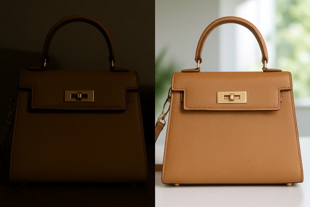 Before and after images showing the impact of natural lighting on product photos