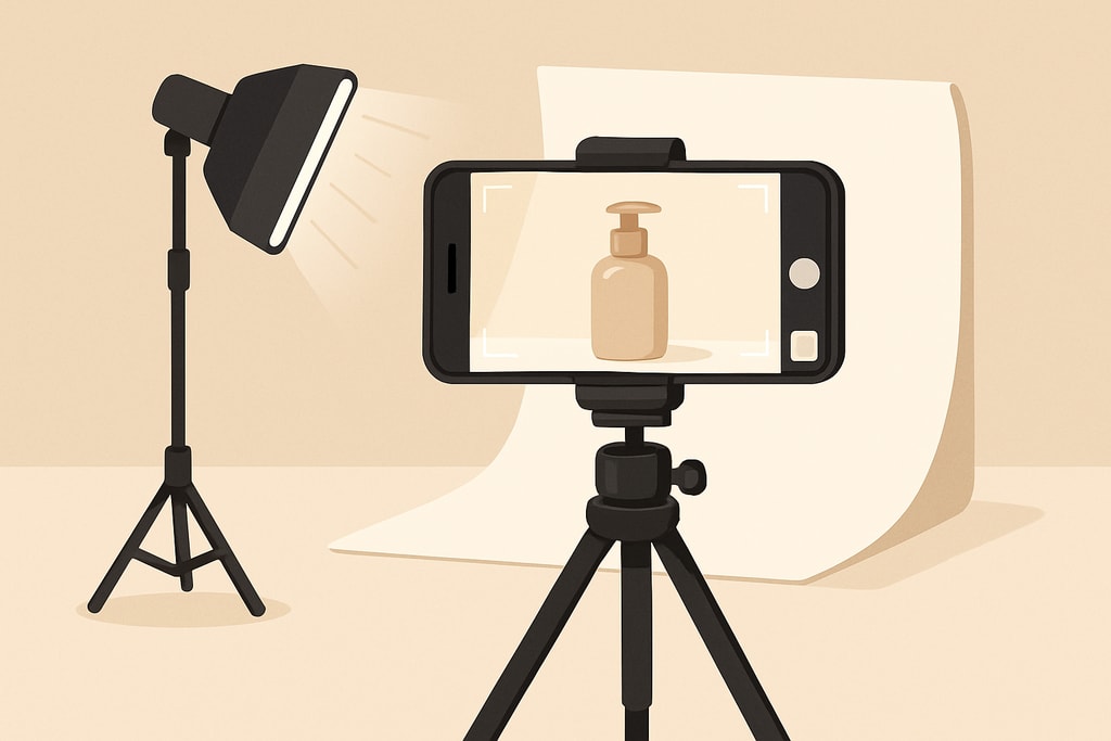 Illustration of a smartphone on a tripod capturing a product photo