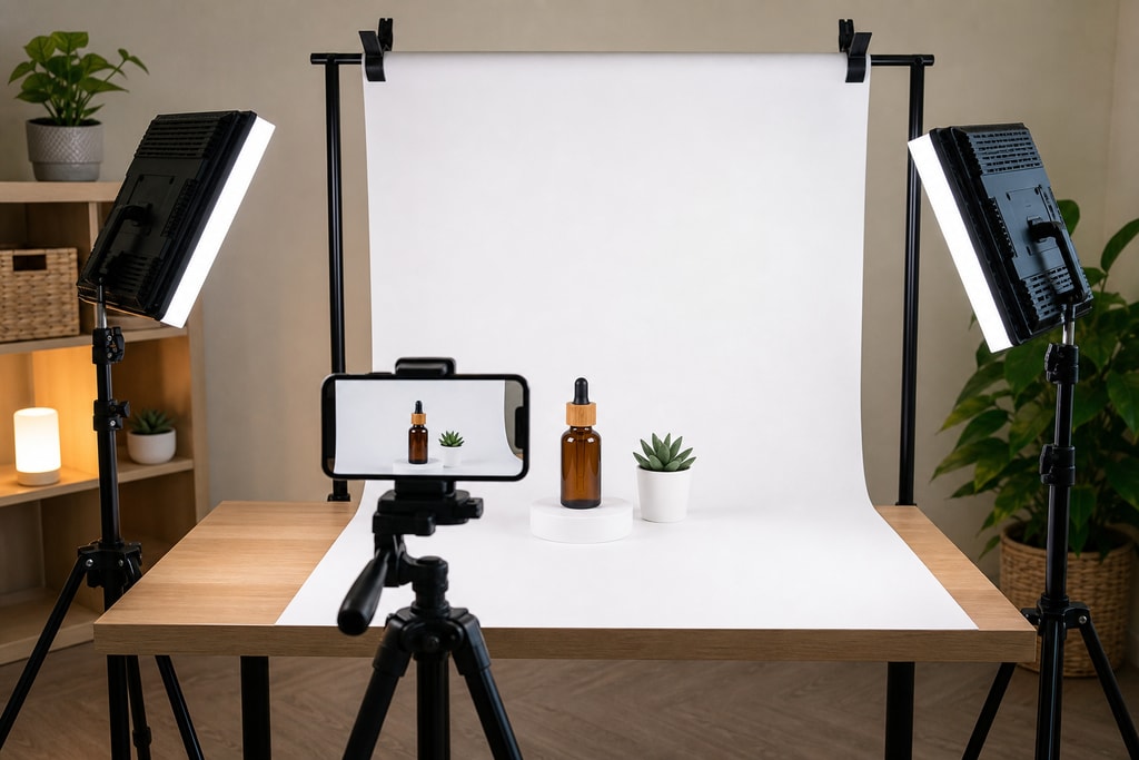 DIY product photography setup with camera, lighting, and backdrop
